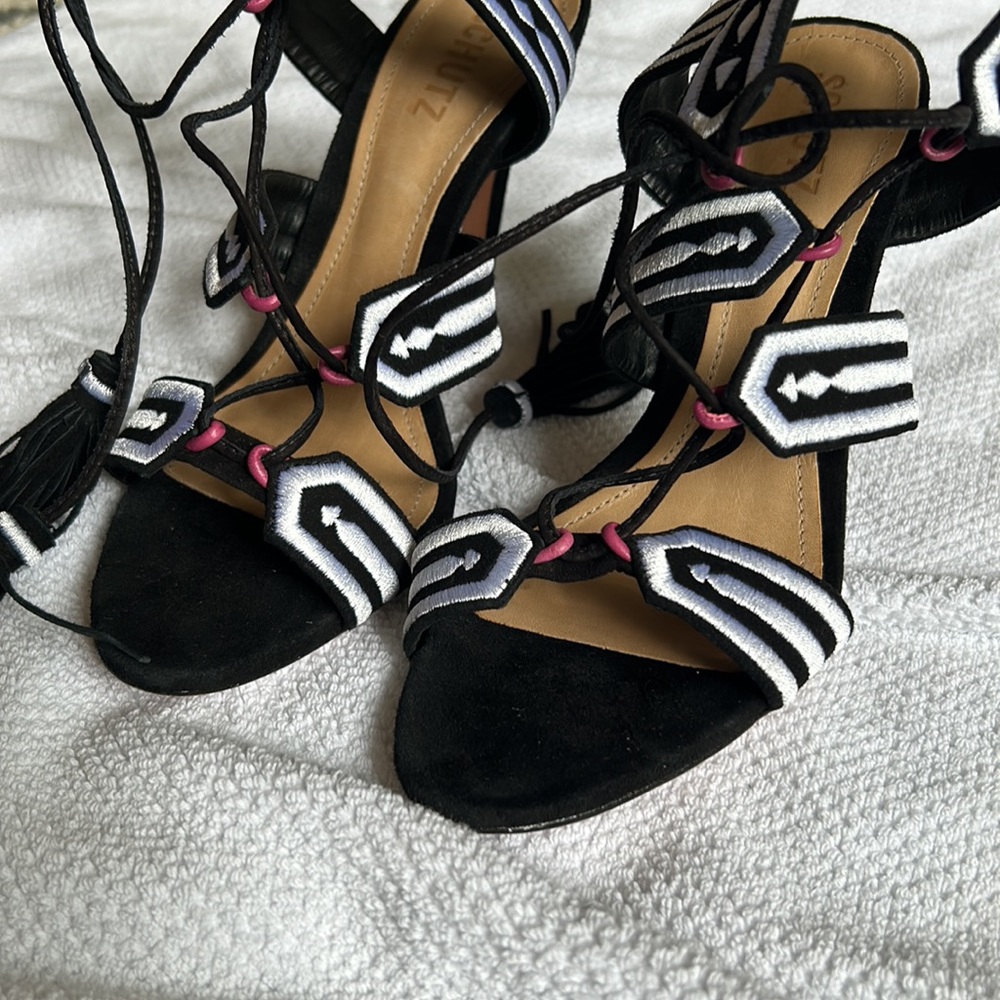 Black Suede Lace up Schutz Heels w/ Pink, White, & Fringe Detail (Size 8.5) - Picture 3 of 12